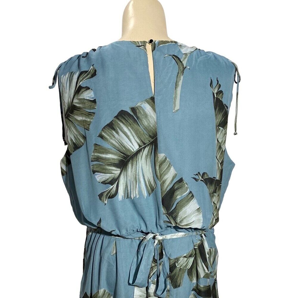 NWT Lane Bryant Dress 26 Dusty Blue Green Midi Drawstring Tropical Leaves Belt - Picture 4 of 8